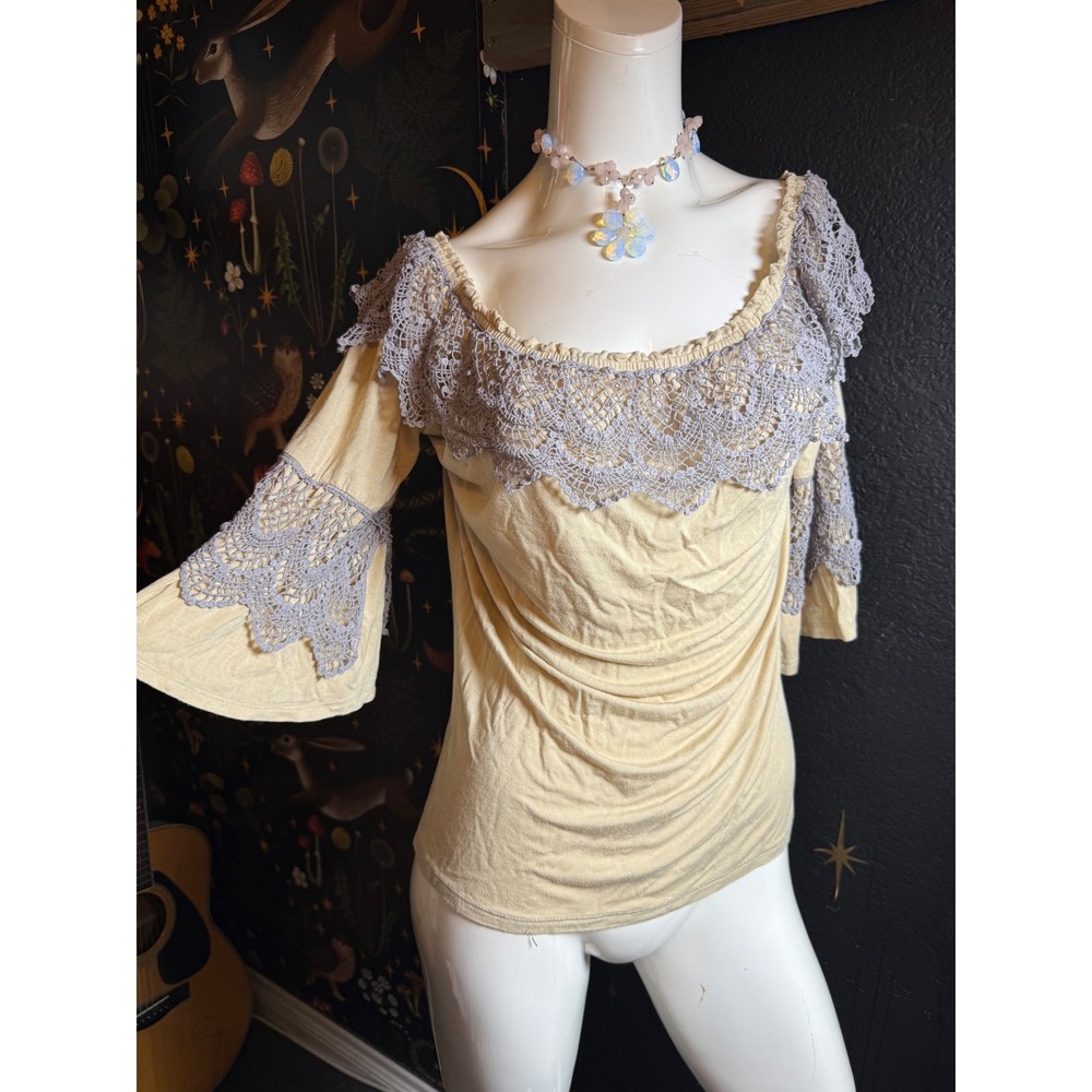 Boho Crochet Lace Bell Sleeve Off Shoulder Top Cottagecore